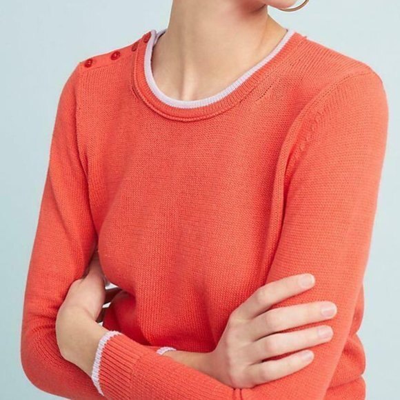 Coral Anthropologie Moth Button Shoulder Crew Neck Long Sleeve Sweater (NWT) - Picture 5 of 5